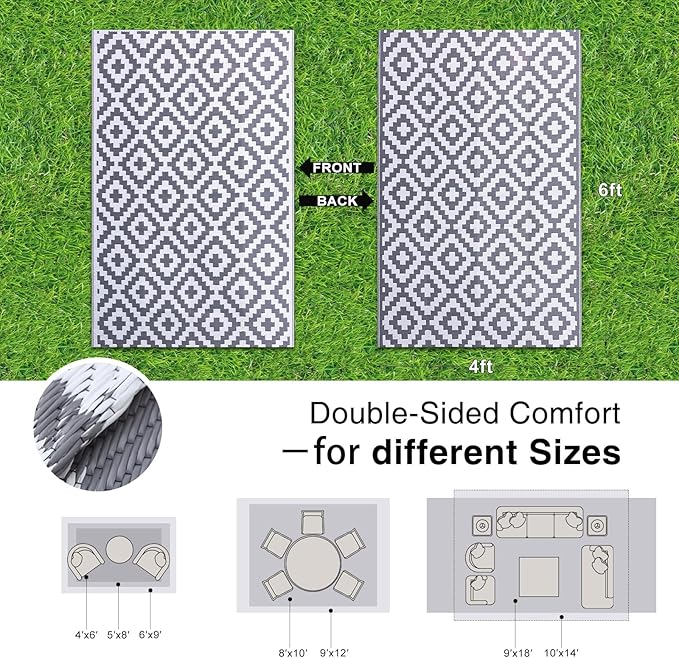 OLANLY Waterproof Outdoor Rug 4x6 ft, Outdoor Plastic Straw Rug for Camping, RV Mat Outside, Outdoor Carpet for Porch, Deck, Backyard, Balcony, Picnic, Grey & White