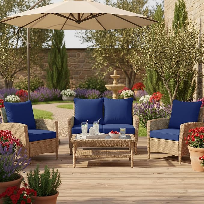Outdoor Chair Cushions Set of 4, Waterproof Backrest and Deep Seat Cushion Set for Patio Furniture, Outdoor Replacement Cushions with Removable Cover, 22 x 22 Inch, Navy