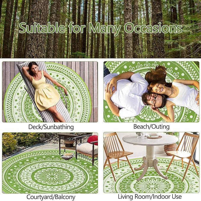 Cekene Round Outdoor Rugs Waterproof 8Ft Reversible Outdoor Patio Rugs Portable RV Camping Mats Lightweight Plastic Straw Rugs Outdoor Area Rug for Patio Picnic Beach BBQ, Black/Camel