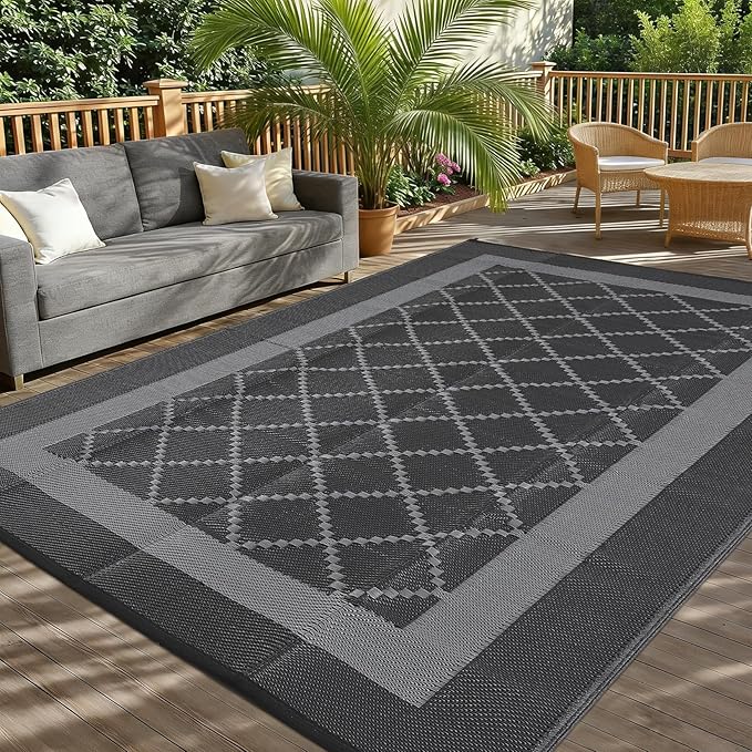 Outdoor Rug 10x20 Waterproof Reversible Mat Indoor Outdoor Plastic Straw Rus Carpet All Weather Modern Trellis RV Mat Carpet for Patio Deck Balcony Pool Picnic Black/Grey