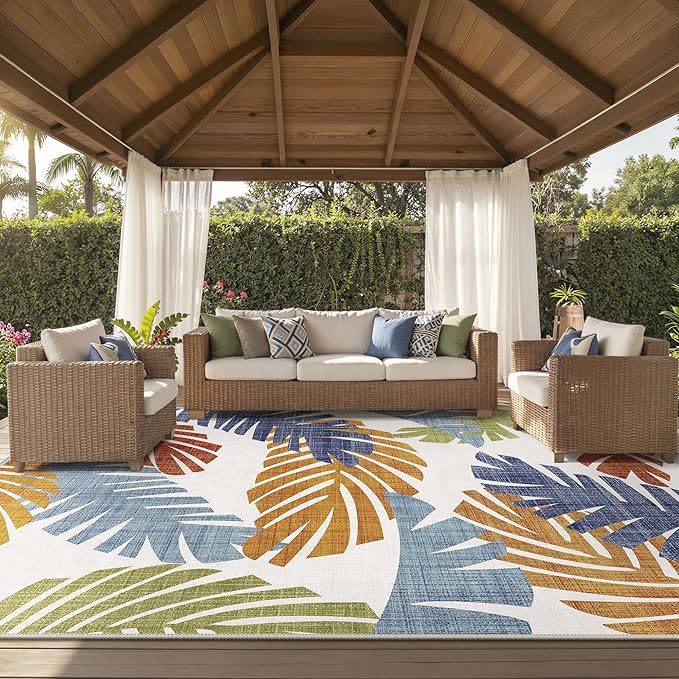 GENIMO Outdoor & Indoor Area Rug 10'x14', Waterproof, Non-Shedding, Easy Cleaning, Leaf Mat for Patio, Living Room, Balcony, Dining Room, RV, Deck, Bedroom, Camping, Outside Carpet, Tropical Rust