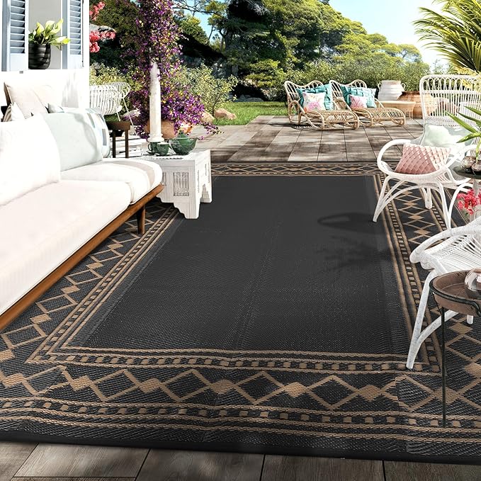 Garvee Outdoor Rug 9x12 ft, Waterproof Reversible Patio Mat, Plastic Straw Rug for RV, Camping, Deck, Balcony, Easy Clean & Portable,Terracotta/White