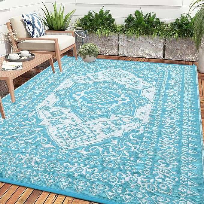 COZYLOOM Waterproof Outdoor Rug for Patio 9x12 Reversible Outdoor Plastic Straw Rug, Vintage Medallion Carpet, RV Mat for Deck, Balcony, Camping, Beach, Picnic, Light Blue and White