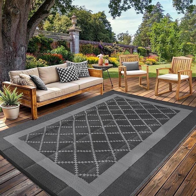 Outdoor Rug 10x20 Waterproof Reversible Mat Indoor Outdoor Plastic Straw Rus Carpet All Weather Modern Trellis RV Mat Carpet for Patio Deck Balcony Pool Picnic Black/Grey