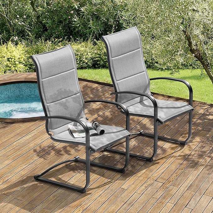 NUU GARDEN Patio Dining Chairs Set of 2, All-Weather Padded Textilene Chairs with Spring Motion and High Back, Breathable Outdoor Dining Chairs for Backyard Lawn Deck, Gray
