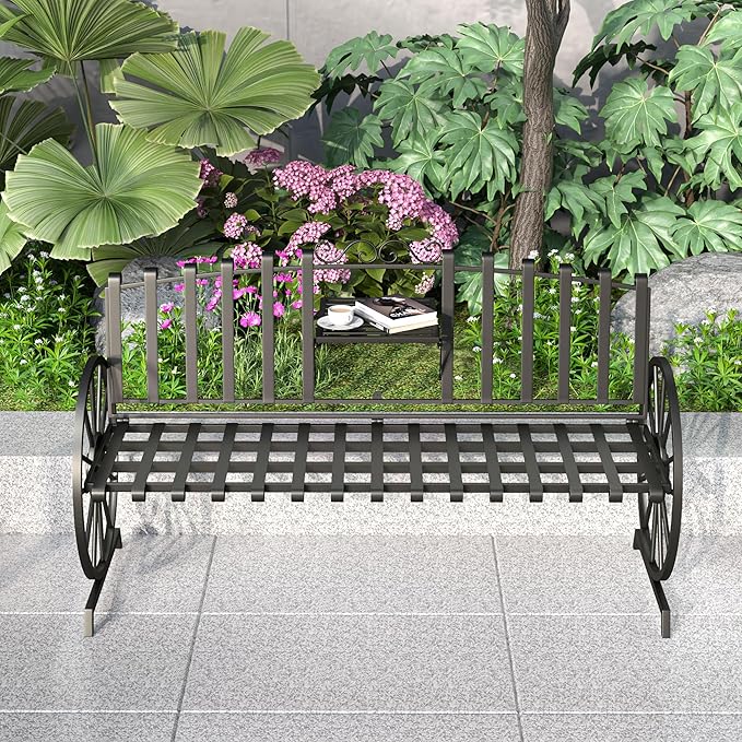 Outdoor Bench Patio Outdoor Garden Bench with Built-in Table, Wagon Wheel Arms, 3 People Outdoor Bench Garden Bench Front Porch Furniture (Black)