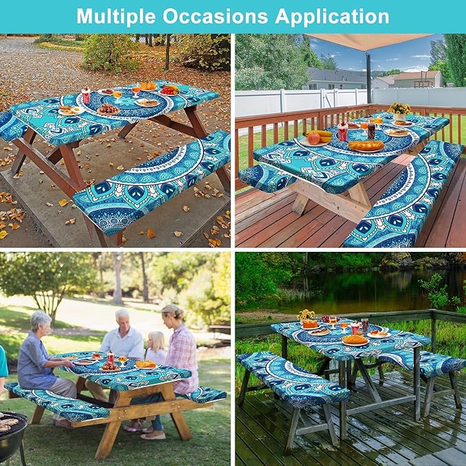 Picnic Table Cover with Bench Covers Camping Essentials Waterproof Windproof Camping Tablecloth with Drawstring Bag, Fitted Rectangle Tables and Seats, 96in, Air Superiority Blue
