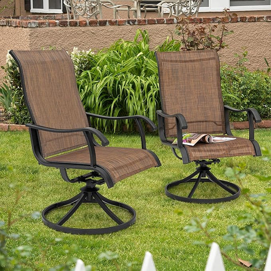 NUU GARDEN Patio Dining Chairs, Swivel Patio Sling Chairs Set of 2, All-Weather Textilene Outdoor Swivel Rocker Dining Chairs with Metal Frame for Lawn Garden Backyard, Brown