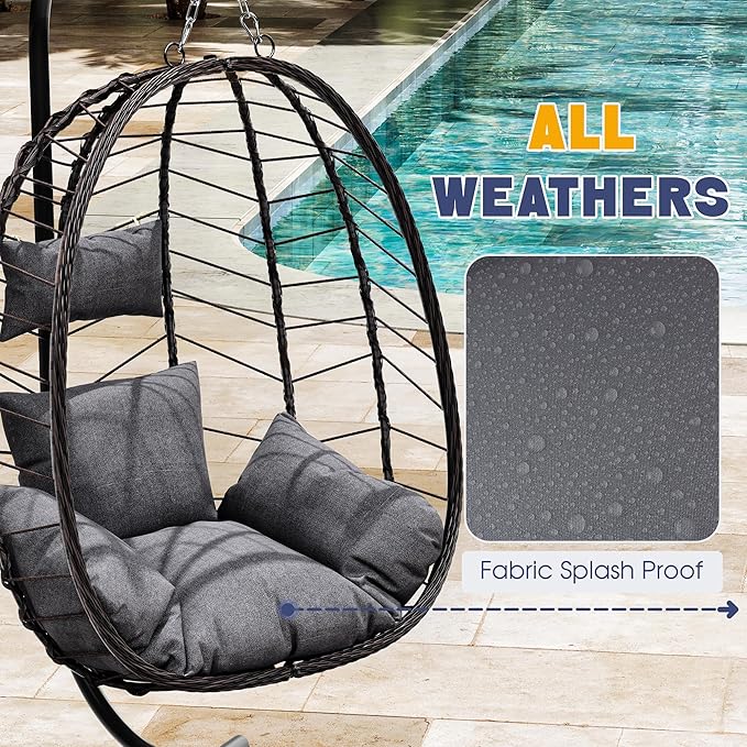 LEX CRAFT Egg Chair with Stand, Patio Wicker Hanging Chair, Hammock Swing Chair, 350LBS Capacity for Bedroom, Balcony, Garden(BR-GR)