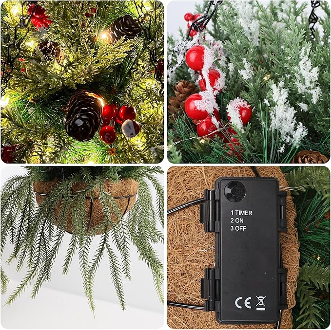 DR.DUDU Christmas Decorations Hanging Baskets, 18" Artificial Basket with Lights Timer for Outdoor Porch with Norfolk Pine Cones Berry Clusters Holiday Winter Xmas Decor for Home Front Door Yard