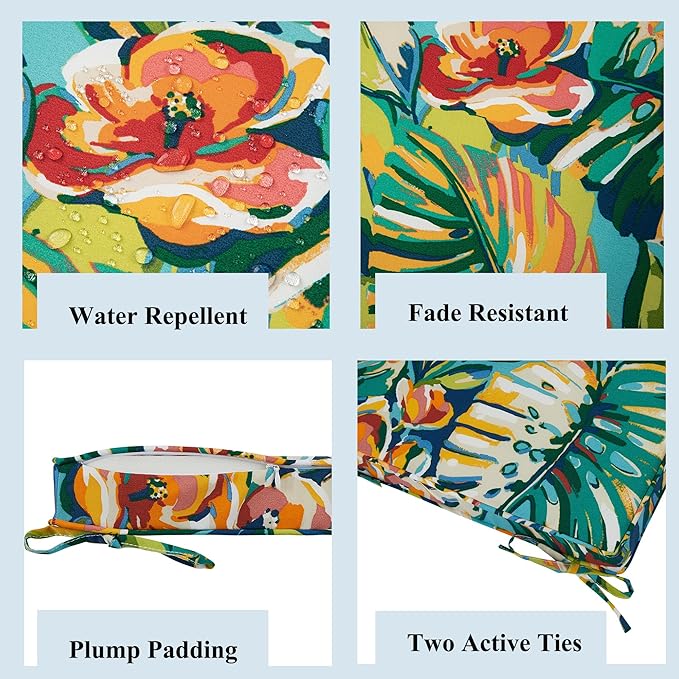 FUNHOME Indoor/Outdoor Chair Cushions Set of 2, 18 x 18 x 2.5 Inch Square Corner Outdoor Cushions for Patio Furniture,2 Packs Patio Chair Cushions with Ties-Rosario Flower Leaf