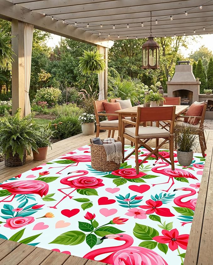 Romantic Flamingo Outdoor Rug 5x8 Pink Blue Green Tropical Floral Outside Rugs for Patio Porch Balcony Deck Waterproof Soft Carpet with Rose and Heart Print Washable RV Camping Garden Mat