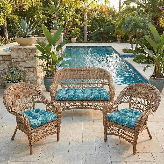 RSH DECOR: 3-Piece Wicker Tufted Cushion Set | 44" x 22" Loveseat & 22" x 22" U-Shapes | Outdoor Replacement Cushions | Water & Fade-Resistant Spun Fabric | Made in USA (Saltwater Atlantic)