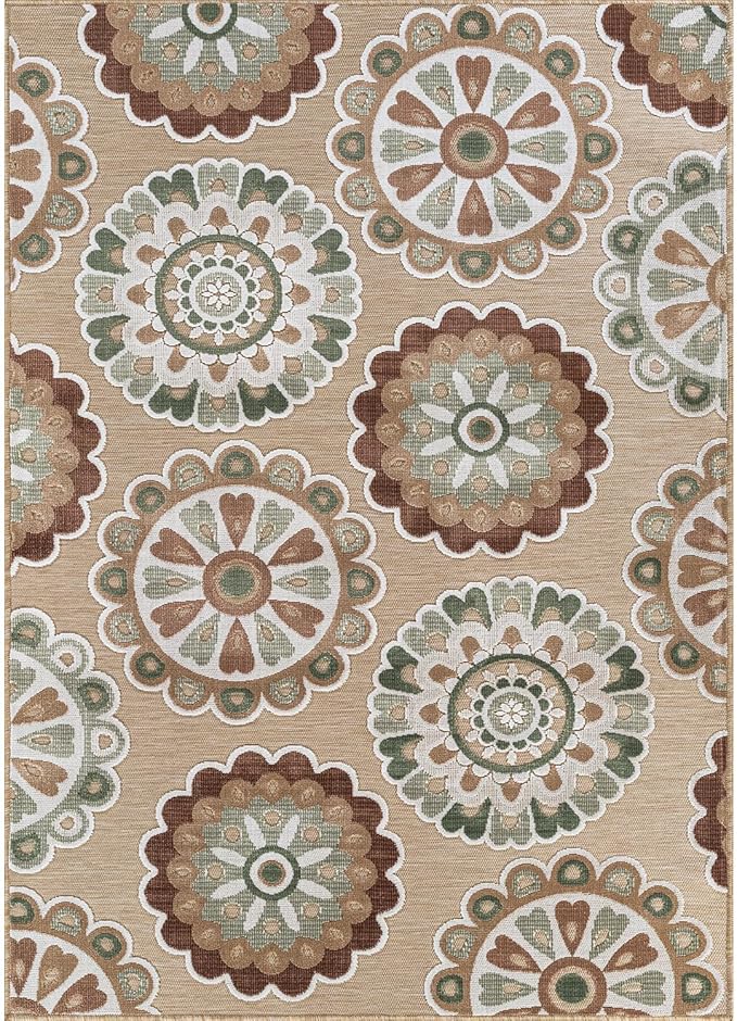 Outdoor Rug 8x10 Washable Area Rugs Indoor Outdoor Carpets Beige Bohemian Medallion Non Shedding Waterproof Easy Clean Patio Deck Porch Living Room Bedroom Garden RV (8 X 10 Beige)