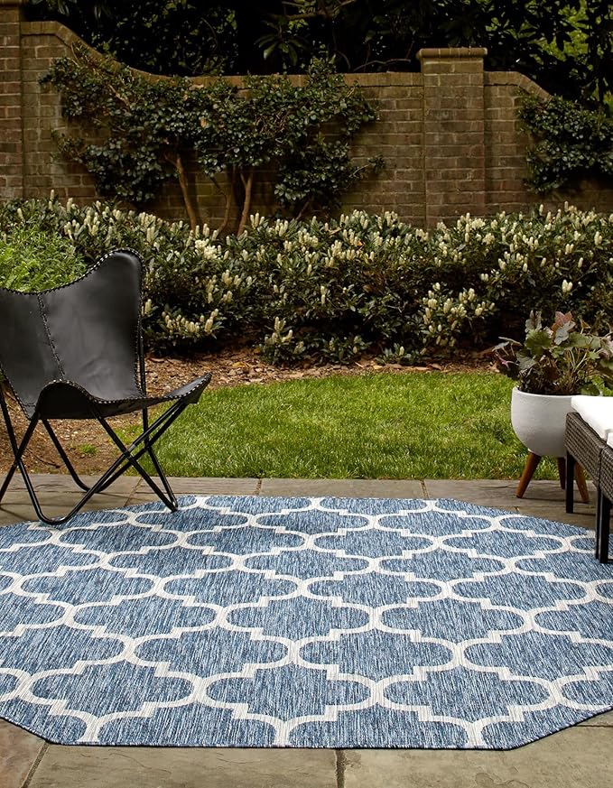 Unique Loom Outdoor Trellis Collection Area Rug - Trellis (Octagon 8' 0" x 8' 0", Navy Blue/ Ivory)