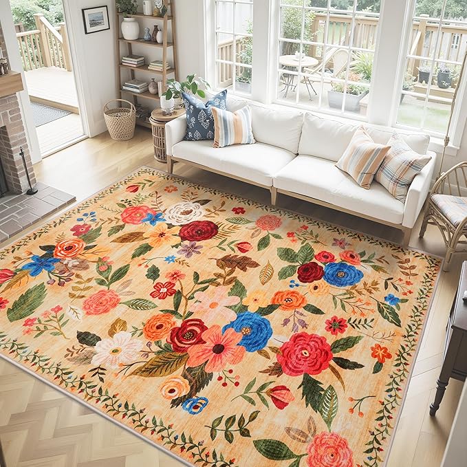 Washable Area Rug 8x10, Large Soft Rugs for Living Room Floral Yellow Carpet 8x10 Area Rugs for Bedroom Dining Room Non-Slip Stain Resistant Under Table Rug (8 x 10, Yellow Lawn)