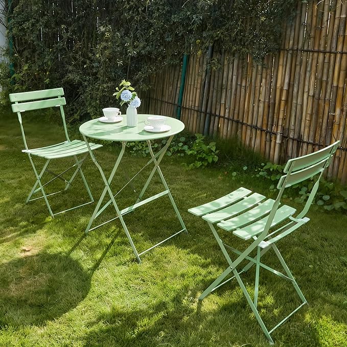 3 Piece Bistro Set, Folding Patio Furniture Set, Outdoor Table and Chairs Set for Patio, Garden, Balcony and Poolside, Green