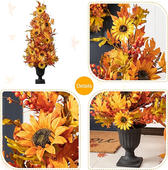 Glitzhome 2 Pcs 4FT Lighted Maple Tree with Timer, Artificial Fall Autumn Maple Leaf & Sunflower Urn Porch Tree with 20 Warm White LEDs for Autumn Fall Harvest Thanksgiving Christmas Decoration