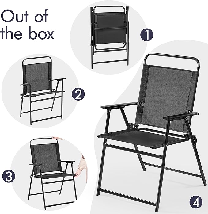 Yaheetech Outdoor Folding Patio Chairs Set of 4, Portable Outdoor Folding Chairs for Outside, Lawn, Garden and Porch with Metal Frame, Armrests, Stackable, Foldable and Portable Design, Black