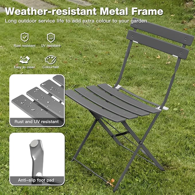 3 Piece Bistro Set, Folding Patio Furniture Set, Outdoor Table and Chairs Set for Patio, Garden, Balcony and Poolside, Grey