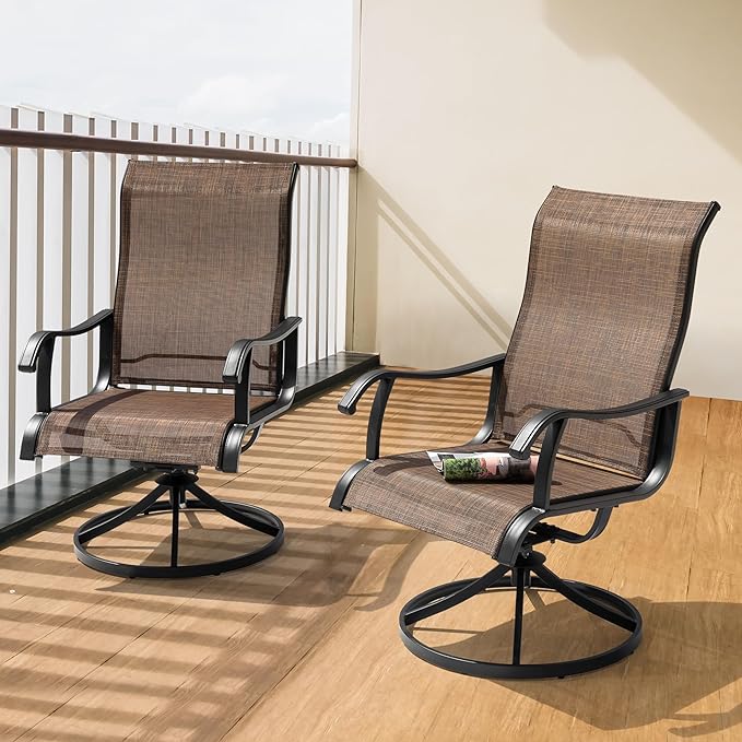 NUU GARDEN Patio Swivel Chair Set of 2, Outdoor Swivel Rocker Dining Chairs with All-Weather Textilene High Back and Metal Frame for Backyard Deck Lawn Garden, Brown