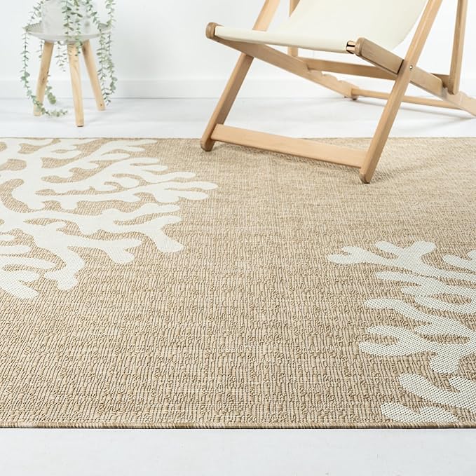LR Home 5x7 Indoor/Outdoor Area Rug for Home Decor | Floral Carpet Suitable for Living Room, Bedroom, Playroom, Patio, Garden | Nautical Farmhouse Rug | Ivory/Beige