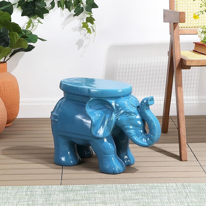 JONATHAN Y TBL1007D White Elephant 14.25" Ceramic Indoor/Outdoor Garden Stool Coastal, Contemporary, Transitional, Patio, Garden Room, Bathroom, Living Room, Blue