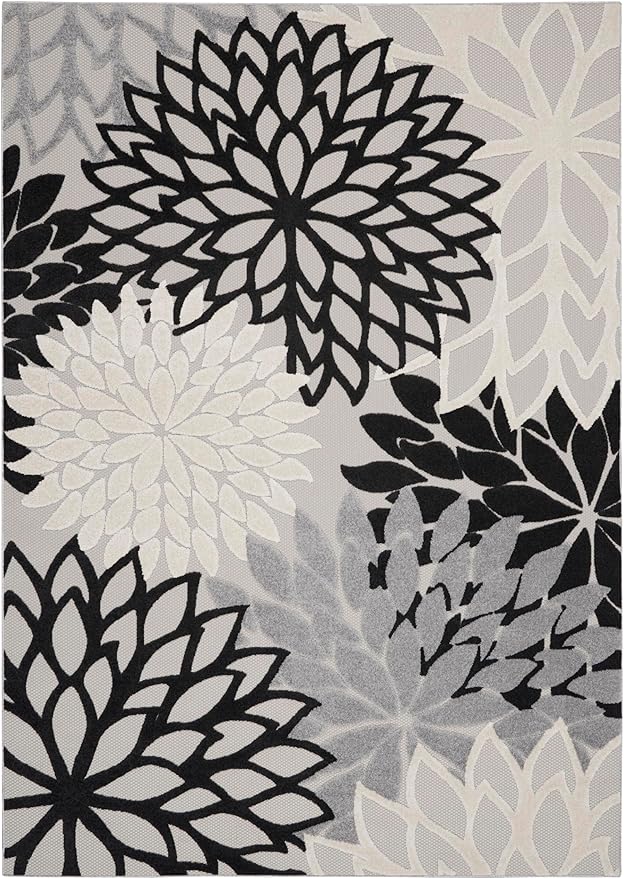 Nourison Home Aloha Indoor/Outdoor Black White 9' x 12' Area Rug, Tropical, Botanical, Easy Cleaning, Non Shedding, Bed Room, Living Room, Dining Room, Deck, Backyard, Patio (9x12)