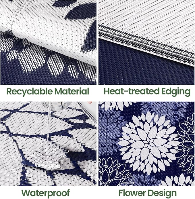 LuxStep Outdoor Rug Waterproof Outdoor Plastic Straw Rug Reversible Patio Rug Mat Outdoor Decor Large Area Mats for RV, Picnic, Backyard, Deck, Balcony, Porch, Beach, Camping, 4'x 6',Blue