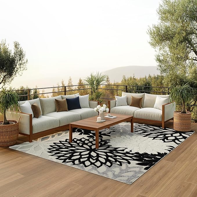 Nourison Home Aloha Indoor/Outdoor Black White 7' x 10' Area Rug, Tropical, Botanical, Easy Cleaning, Non Shedding, Bed Room, Living Room, Dining Room, Deck, Backyard, Patio (7x10)