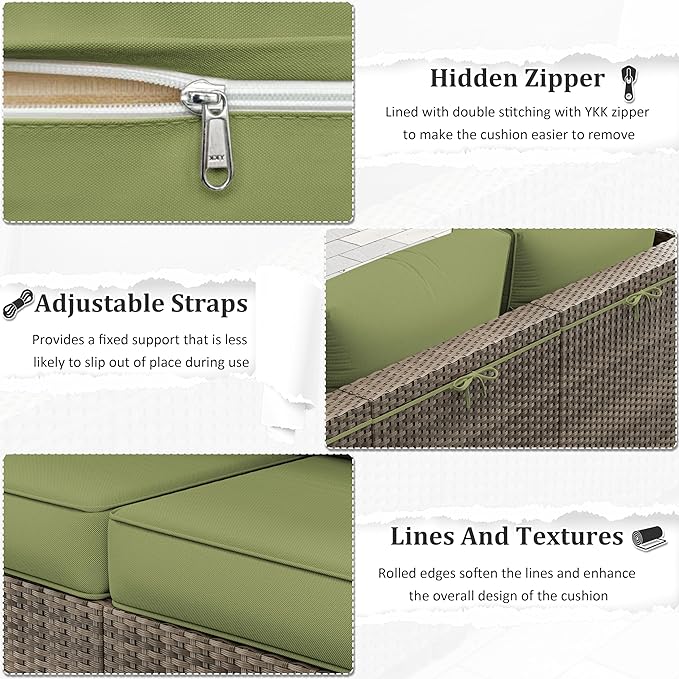 Outdoor Furniture Replacement Cushions, 5" Foam Foam High-Density, Fits 6-seat Sectional Rattan Conversation Set, 14 Piece Patio Water-Resistant Replacement Sofa Cushions, Liner&Cover