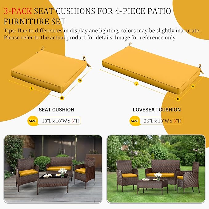 3 Pack Outdoor Replacement Cushions, Fit for 4-Seater Wicker Rattan Patio Conversation Set, 36x18x3,18x18x3, Liner & Cover