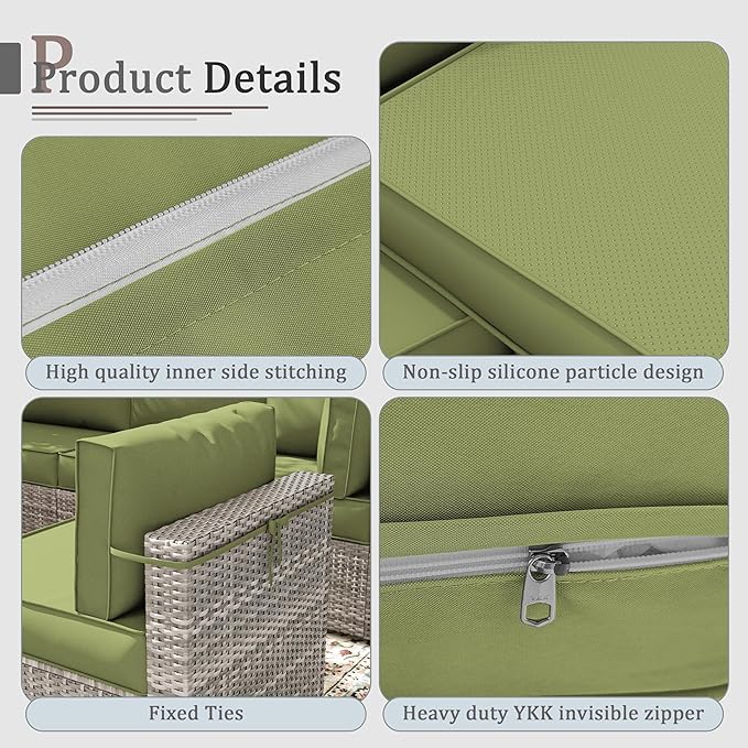 Outdoor Cushions for Patio Furniture with 5 Pillows, Waterproof Patio Furniture Cushions Replacement, 4" Deep Seat Outdoor Sectional Cushions for 4-seat Patio Furniture Chair Sofa Couch,Light Green
