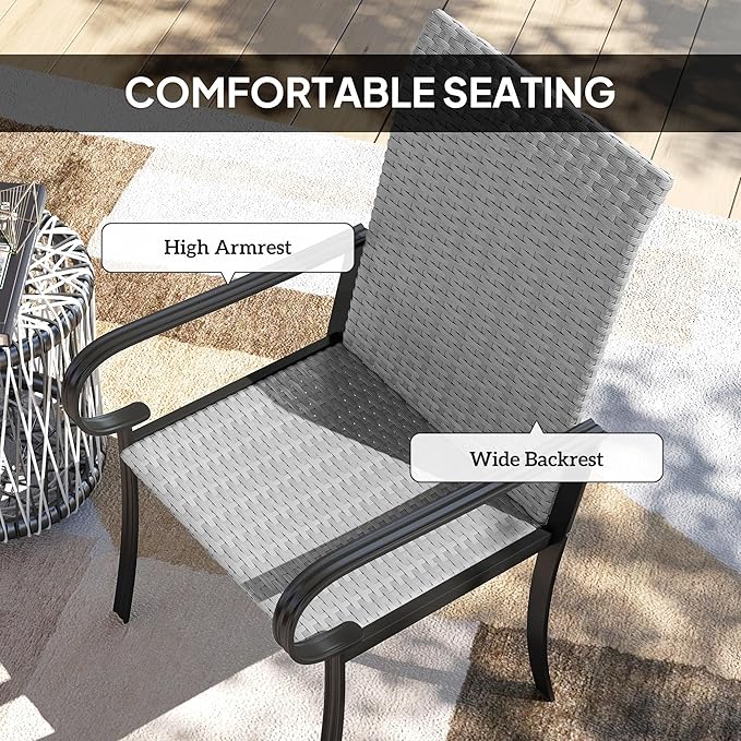 Outsunny Set of 2 Outdoor Wicker Dining Chairs, All-Weather Rattan Armchairs with Armrests, Steel Frame, High Back and Deep Seating, for Garden, Patio, Deck, Yard, Poolside, Gray