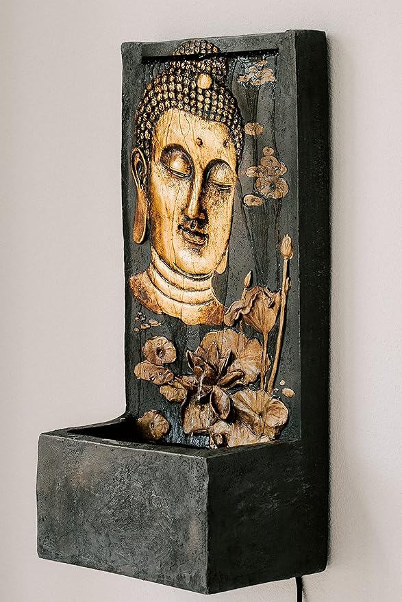 XBrand Polystone Indoor Outdoor Relaxing Zen Buddha Face Wall Water Fountain with Pump and Splash Guard, Wall-Mounted Fountains, Home Garden Patio Backyard Decor, Bronze and Natural Stone Finish