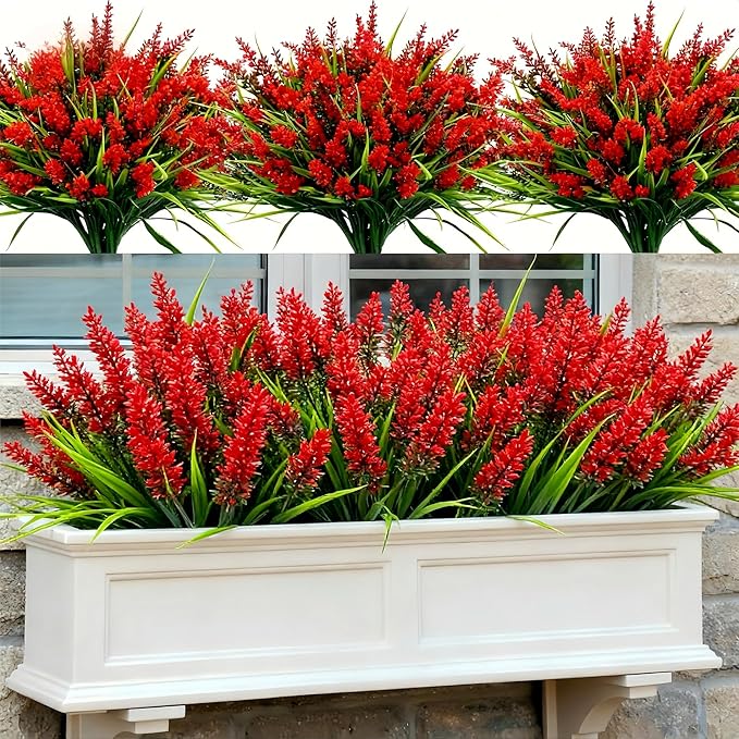 Geegoods Artificial Plants Flowers Outdoor – 48 Bundles UV Resistant Faux Lavender Flowers with Monkey Grass for Garden Porch Window Patio Hanging Planter Decor