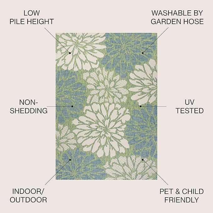 JONATHAN Y Floral Textured Weave Indoor Outdoor Square Area Rug 4X4 Cream/Green, Zinnia Modern for Backyard, Patio, Porch, Easy-Cleaning, High Traffic, Pet-Friendly, Non-Shedding (SMB110D-4SQ)