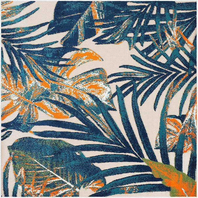 Rugshop Tropical Floral Leaves Indoor/Outdoor Area Rug Durable Polypropylene, Non-Shedding, Easy to Clean, Perfect for Patio, Backyard, Deck and Outdoor Lounge, High Traffic Areas, 6'6" x 6'6" Square