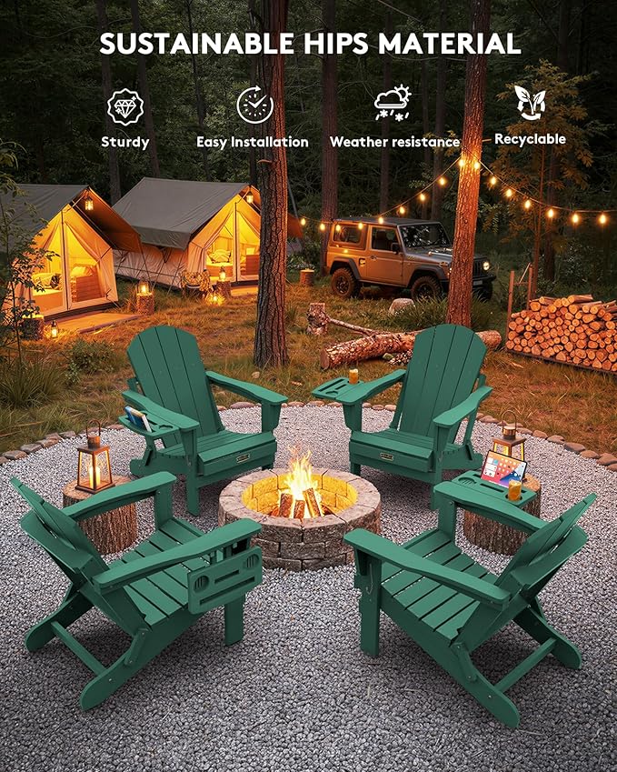 SERWALL Folding Adirondack Chair Set of 4, Outdoor Adirondack Chairs with 4 in 1 Cup Holder, Wood Texture Patio Chairs, Weather Resistant Fire Pit Chairs for Patio Deck Garden, Backyard Deck - Army