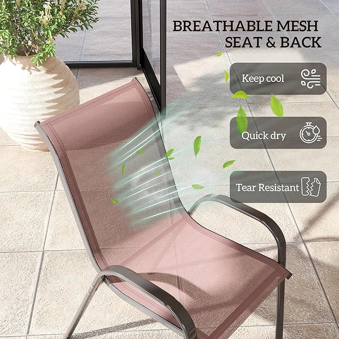 Outsunny Outdoor Dining Chairs Set of 4, Stackable Patio Dining Chairs, High Back Outdoor Patio Chairs with Breathable Mesh Seat, Metal Frame for Garden Lawn Backyard, Brown