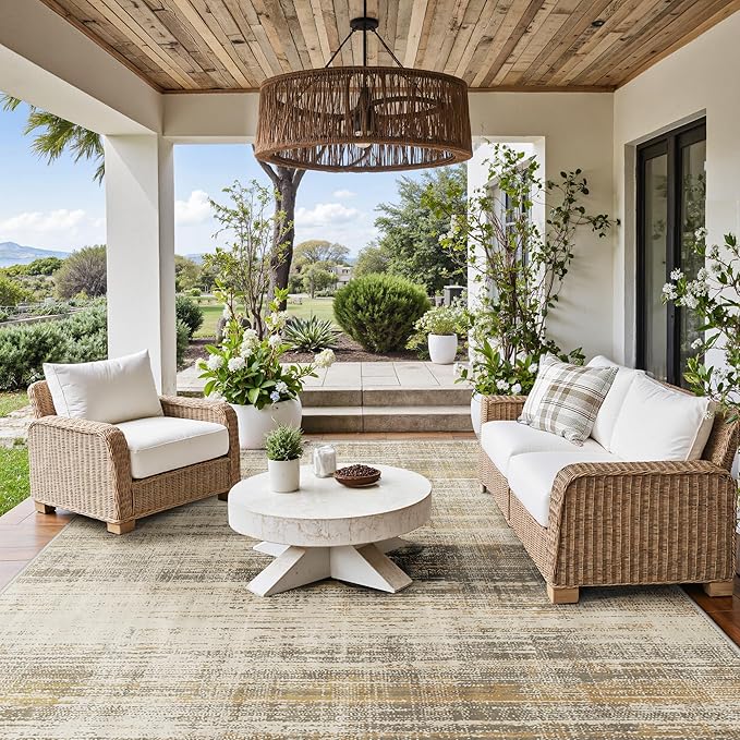 GENIMO Outdoor & Indoor Area Rug 8'x10', Waterproof, Non-Shedding, Easy Cleaning, Abstract Mat for Patio, Living Room, Balcony, Dining Room, Deck, RV, Bedroom, Camping, Outside Carpet, Brown