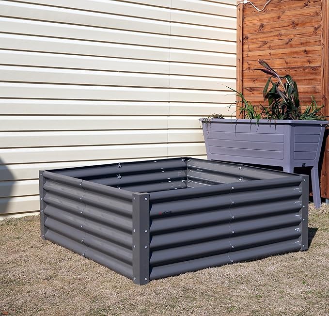 A ANLEOLIFE 6-Piece 18 Inch Tall Quartz Grey Raised Garden Beds Kit, Rectangular & Square Metal Planters for Structured Garden Layouts