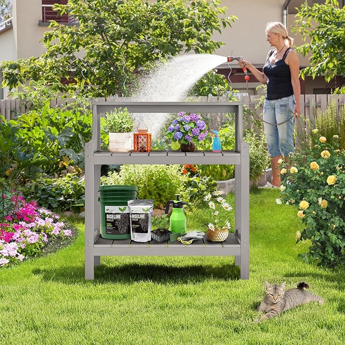 ONBRILL Potting Bench, HDPS Potting Bench with 4 Side Hooks, All-Weather Garden Table Work Station, Outdoor Potting Table for Porch, No Rust, No Fade, No Break, 360lbs Capacity (Grey, Large)