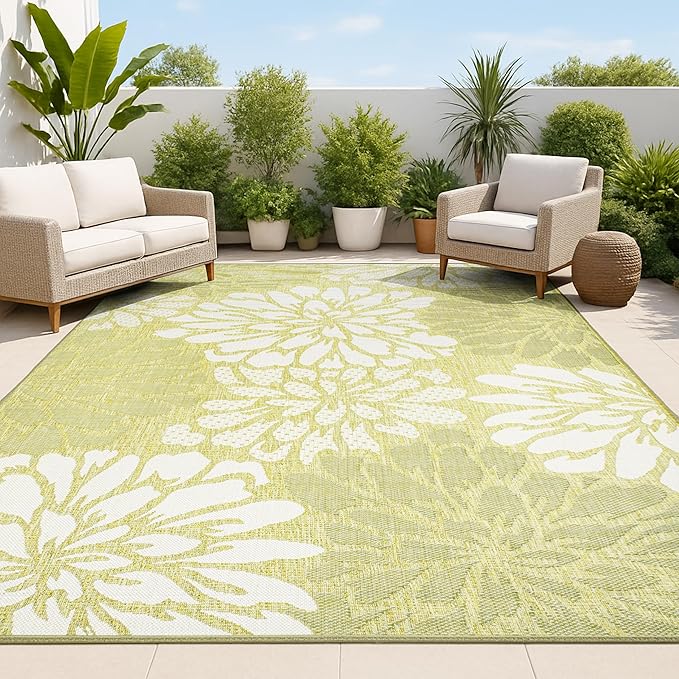 JONATHAN Y Floral Textured Weave Indoor Outdoor Area Rug 9X12 Green/Cream, Zinnia Modern for Backyard, Patio, Porch, Easy-Cleaning, High Traffic, Pet-Friendly, Non-Shedding (SMB110H-9)
