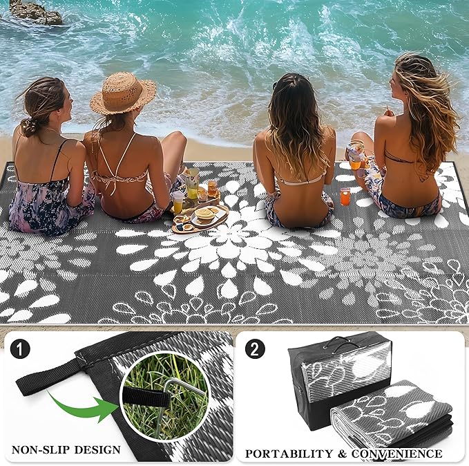 Wallona Outdoor Rugs 8x10 ft Patio Waterproof Clearance Indoor Outdoor Large Carpet for Patio Plastic Straw Reversible Area Rugs Mat for RV, Camping, Balcony, Picnic, Porch, Flower Grey & White