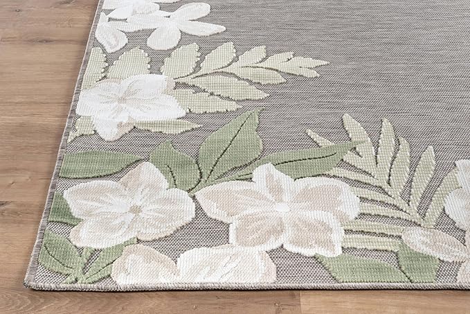 Outdoor Rug 8x10 Washable Area Rugs Indoor Outdoor Carpets Green Border Floral Non Shedding Waterproof Easy Clean Patio Deck Porch Living Room Bedroom Garden RV (8 X 10 Green)