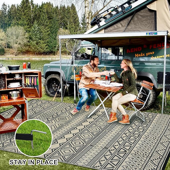 GarveeLife Outdoor Rugs 6x9 Waterproof Plastic Straw Rug, UV Resistant Rug Foldable Carpet Portable Lightweight Outdoor Mat for Backyard, Balcony, Garden, Camping, Black & Coffee