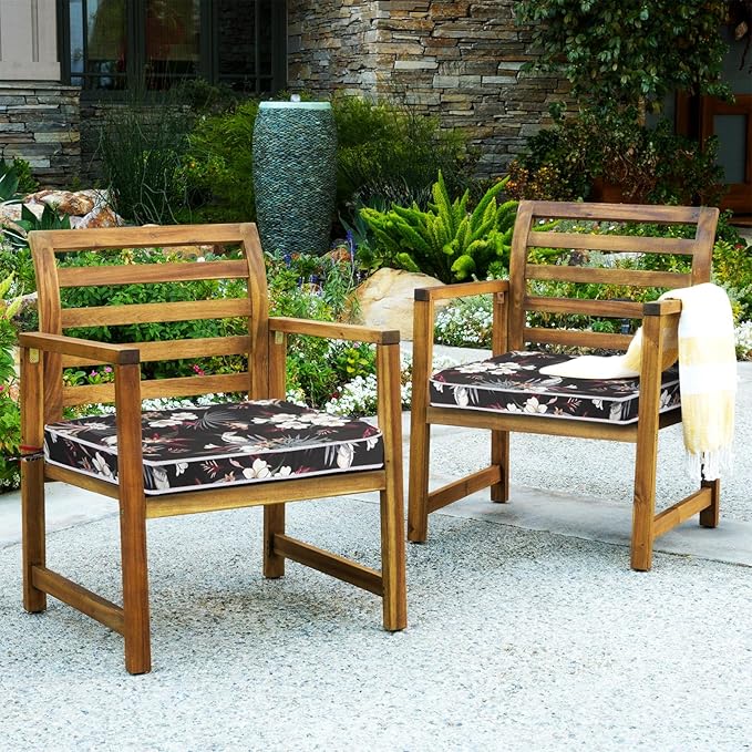 GUEGLSA Patio Seat Cushions 18 inch,Waterproof Square Chair Pad with Ties,18''x18'' Indoor Outdoor Chair Cushion for Garden Furniture,Set of 2,White Flower