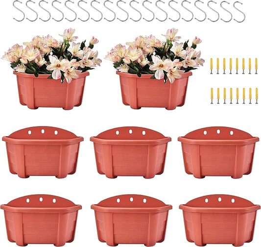 ORIMERC 9.8 inch 8 Pack Brick Red Wall Hanging Planters for Indoor Outdoor Plants Hanging Plant Holder with Drainage Hole Fence Balcony Planters Railing Hanging Pot Plant Wall Mount Decor with Hooks