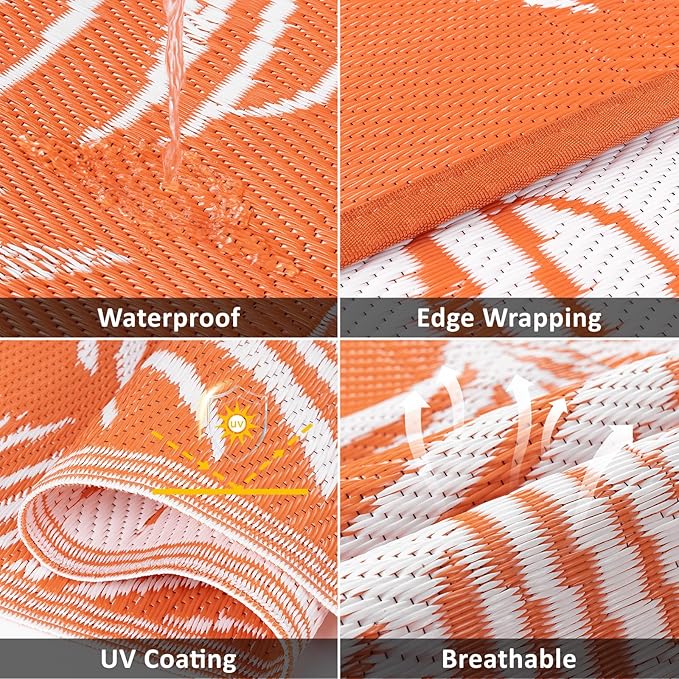 Pauwer Waterproof Outdoor Rug 9x12, Reversible Plastic Straw Patio Camping Rug, Indoor Outdoor RV Mat Carpet for Deck, Camper, Porch, Balcony, Backyard, Picnic, Leaf Orange